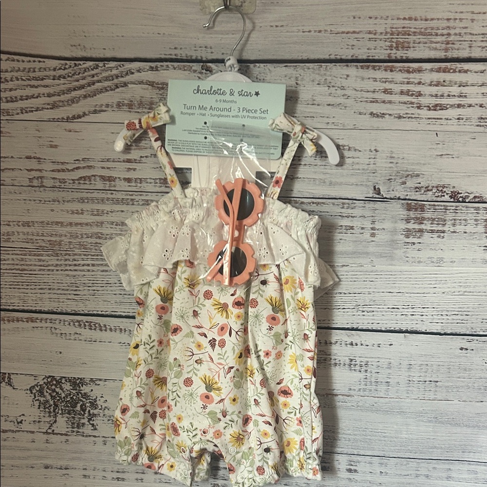 NWT Floral Baby Romper with Sunglasses and matching hat size 6-9 months